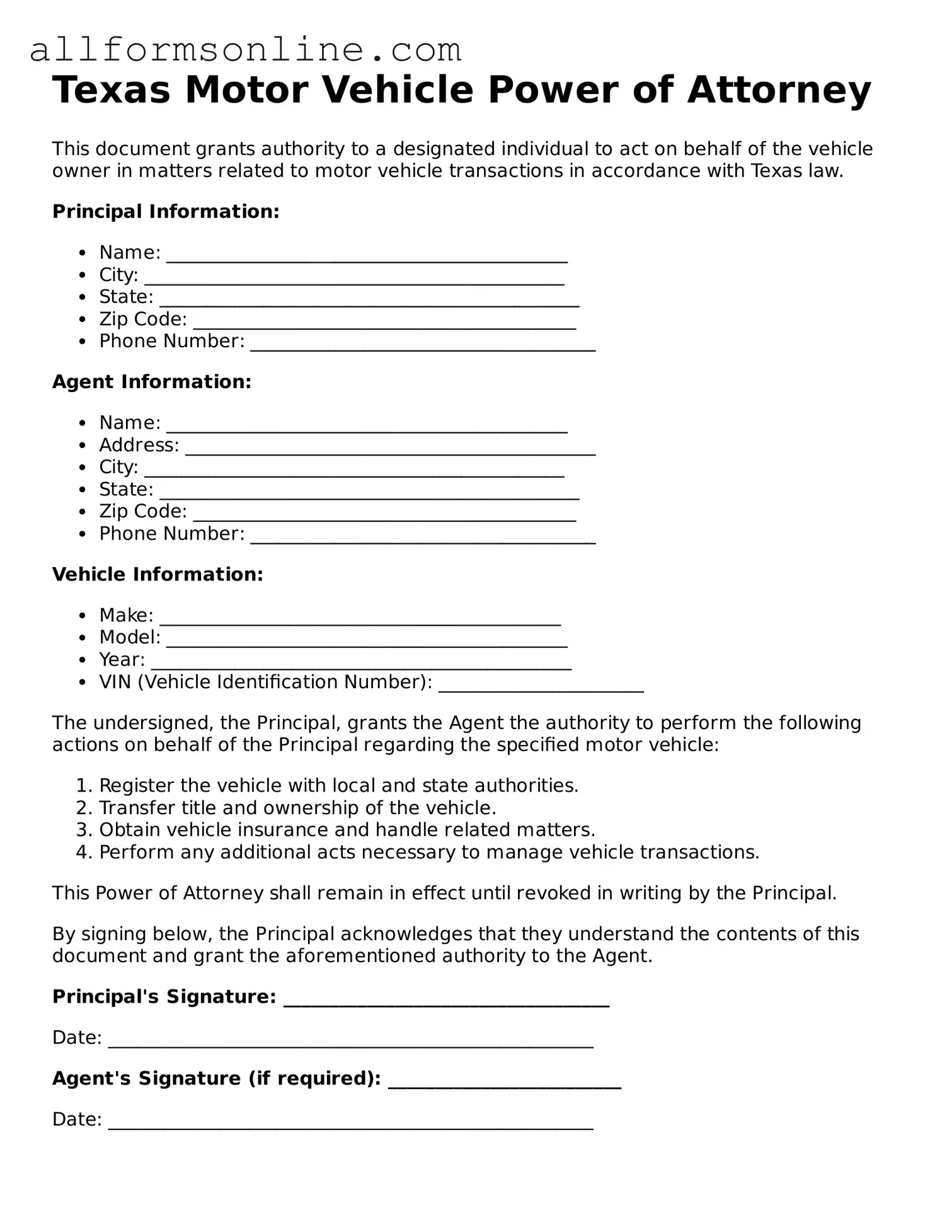 Attorney-Approved  Motor Vehicle Power of Attorney Form for Texas