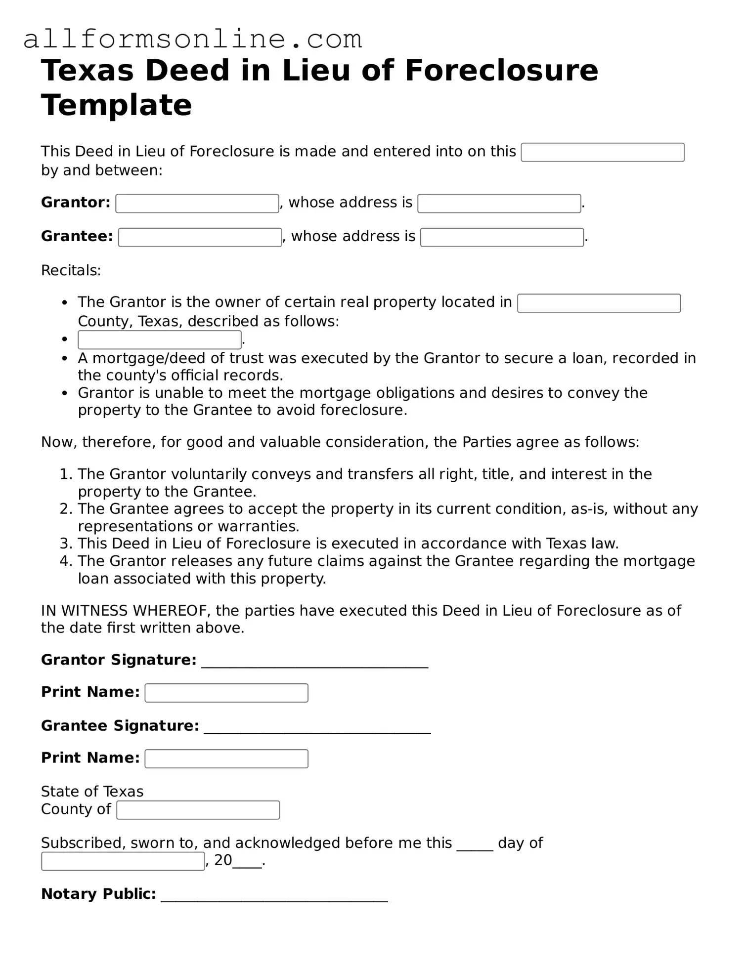 Attorney-Approved  Deed in Lieu of Foreclosure Form for Texas