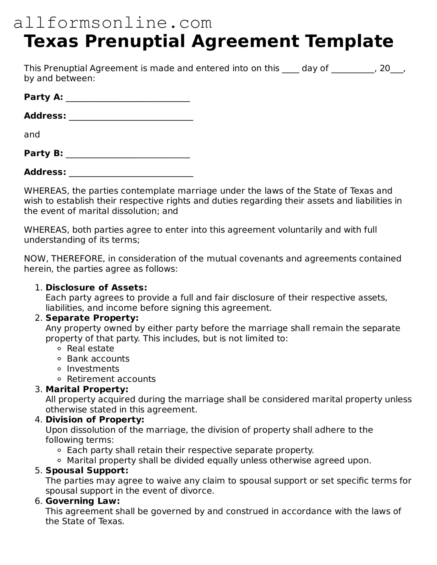 Attorney-Approved  Prenuptial Agreement Form for Texas