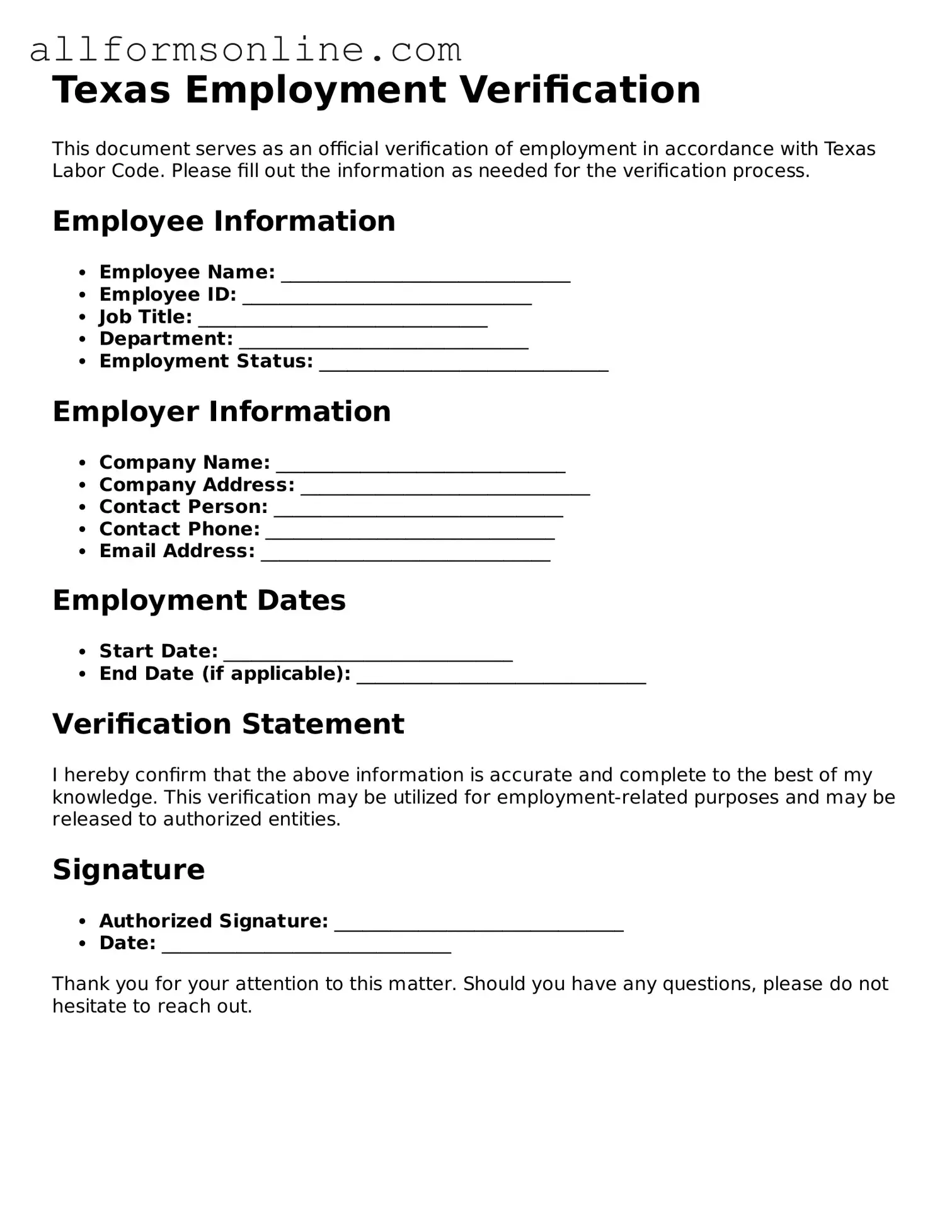 Attorney-Approved  Employment Verification Form for Texas