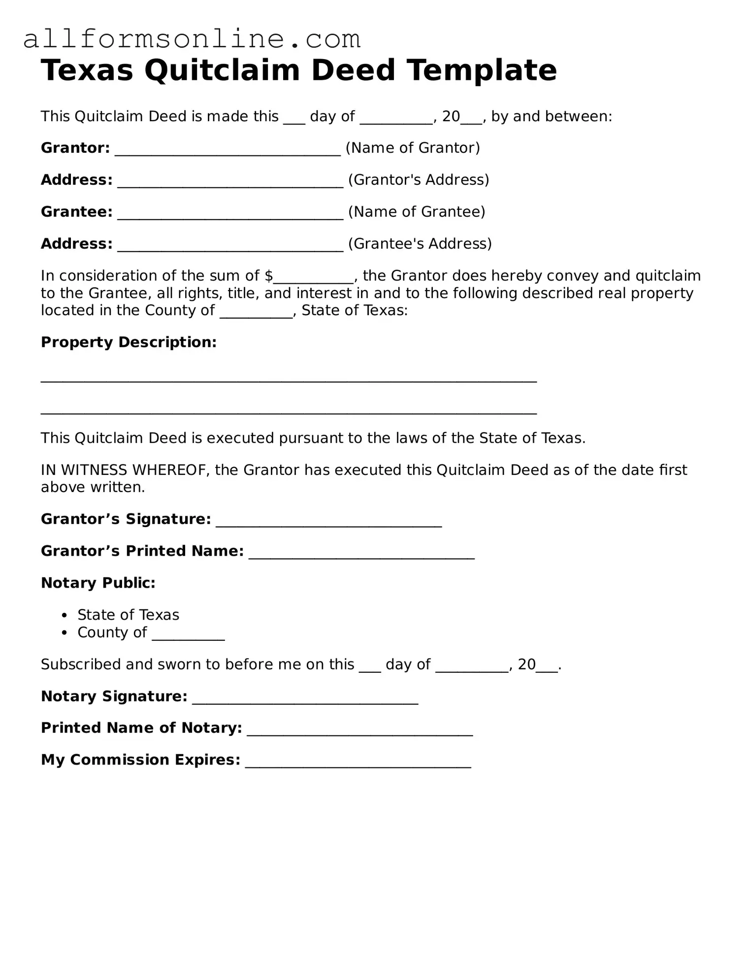 Attorney-Approved  Quitclaim Deed Form for Texas