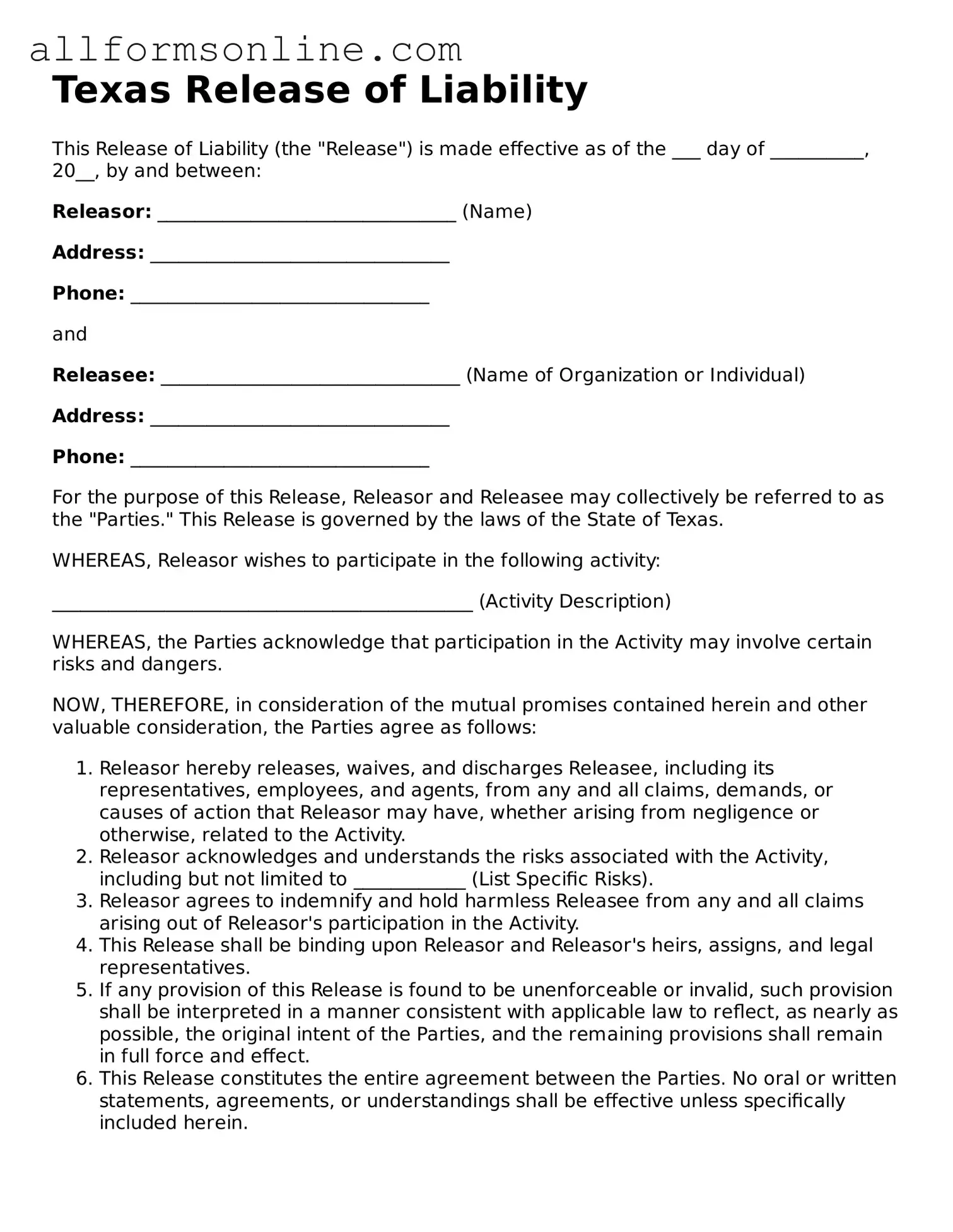 Attorney-Approved  Release of Liability Form for Texas