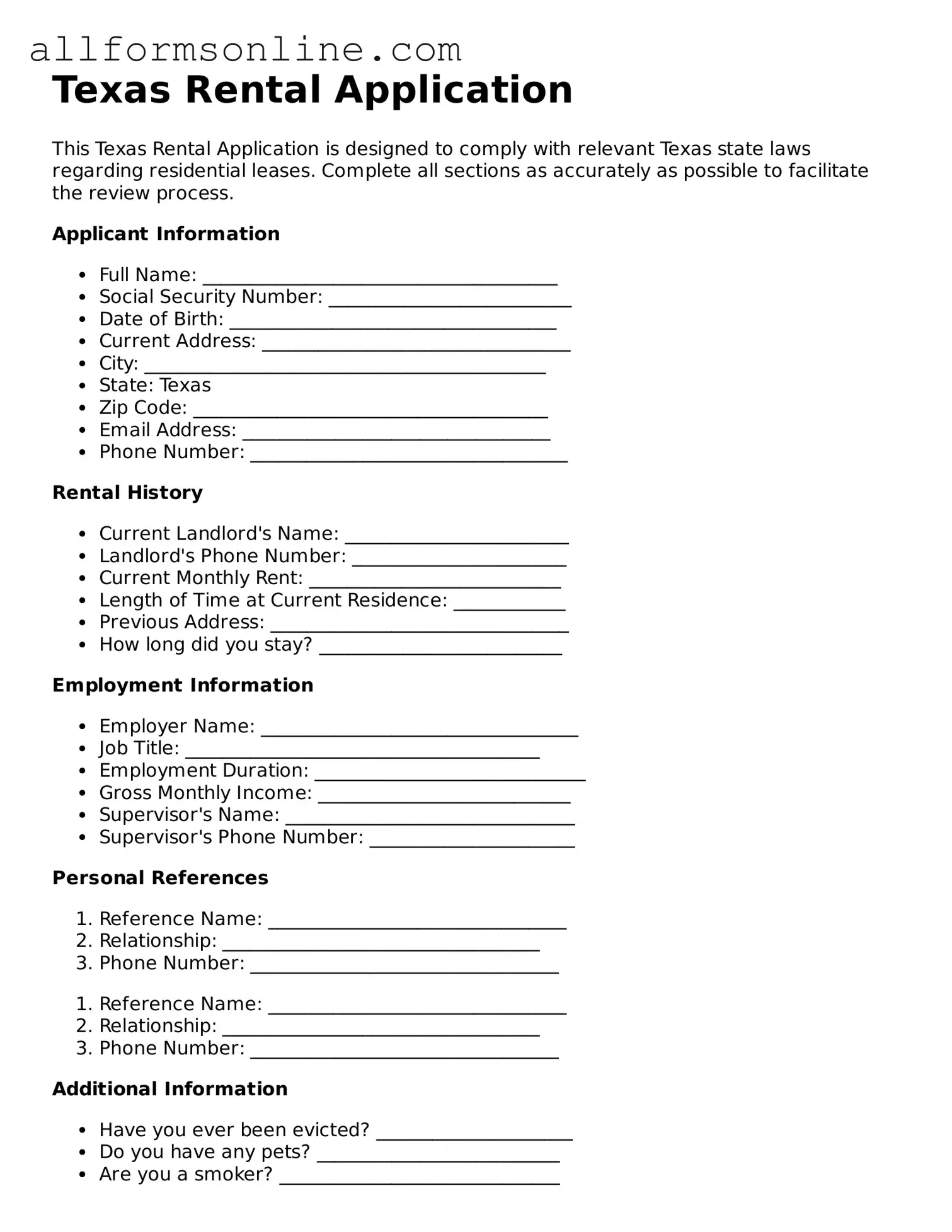 Attorney-Approved  Rental Application Form for Texas