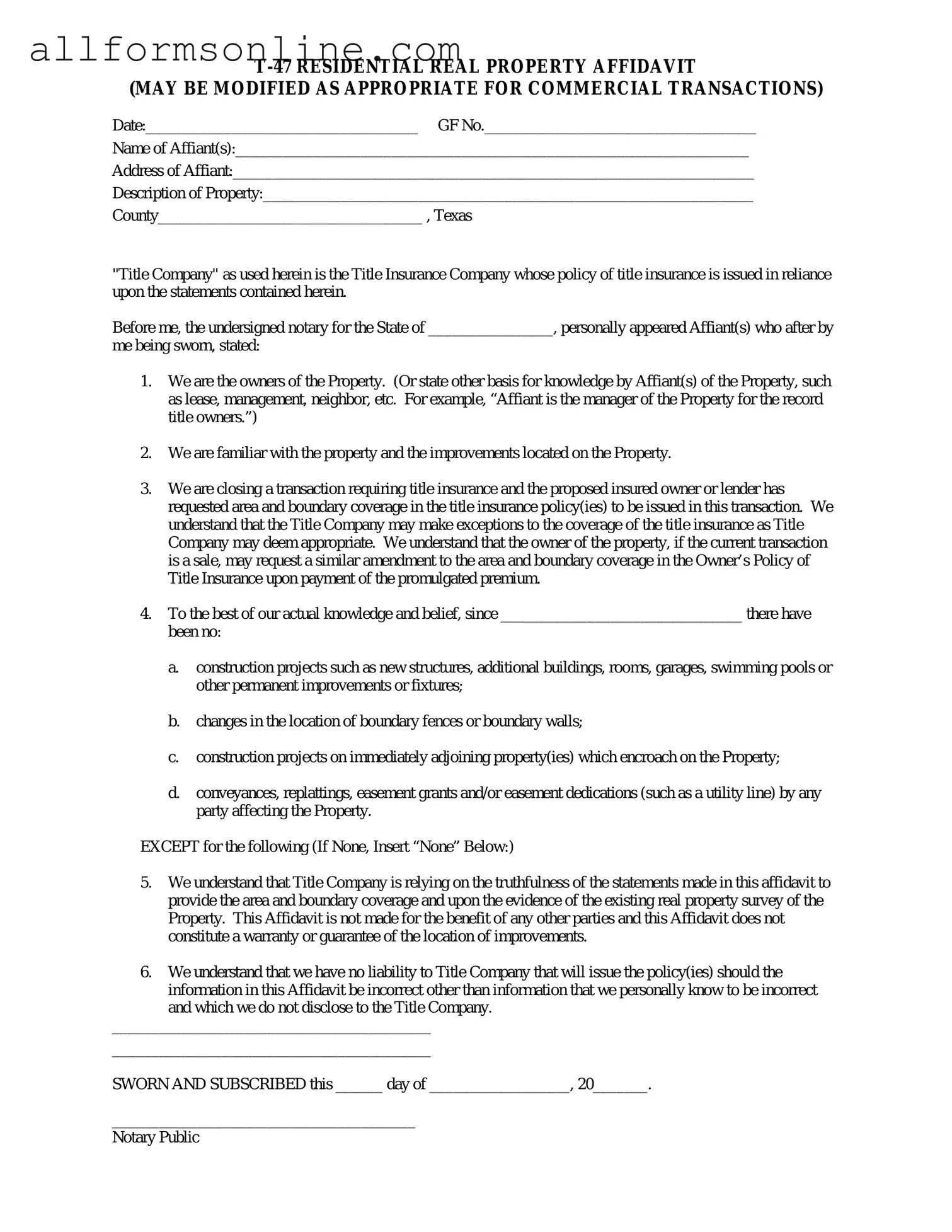 Free Texas residential property affidavit T-47 PDF Form
