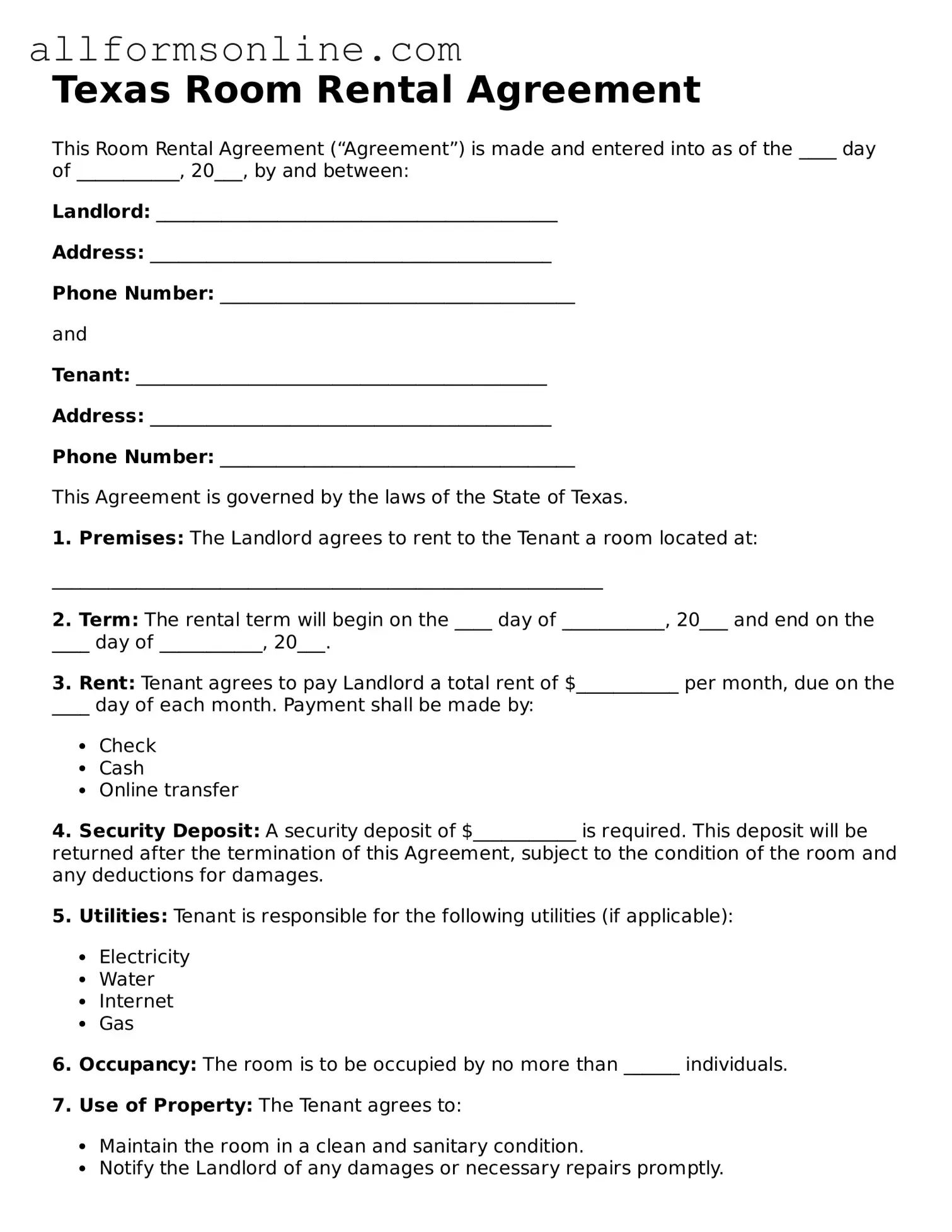 Attorney-Approved  Room Rental Agreement Form for Texas