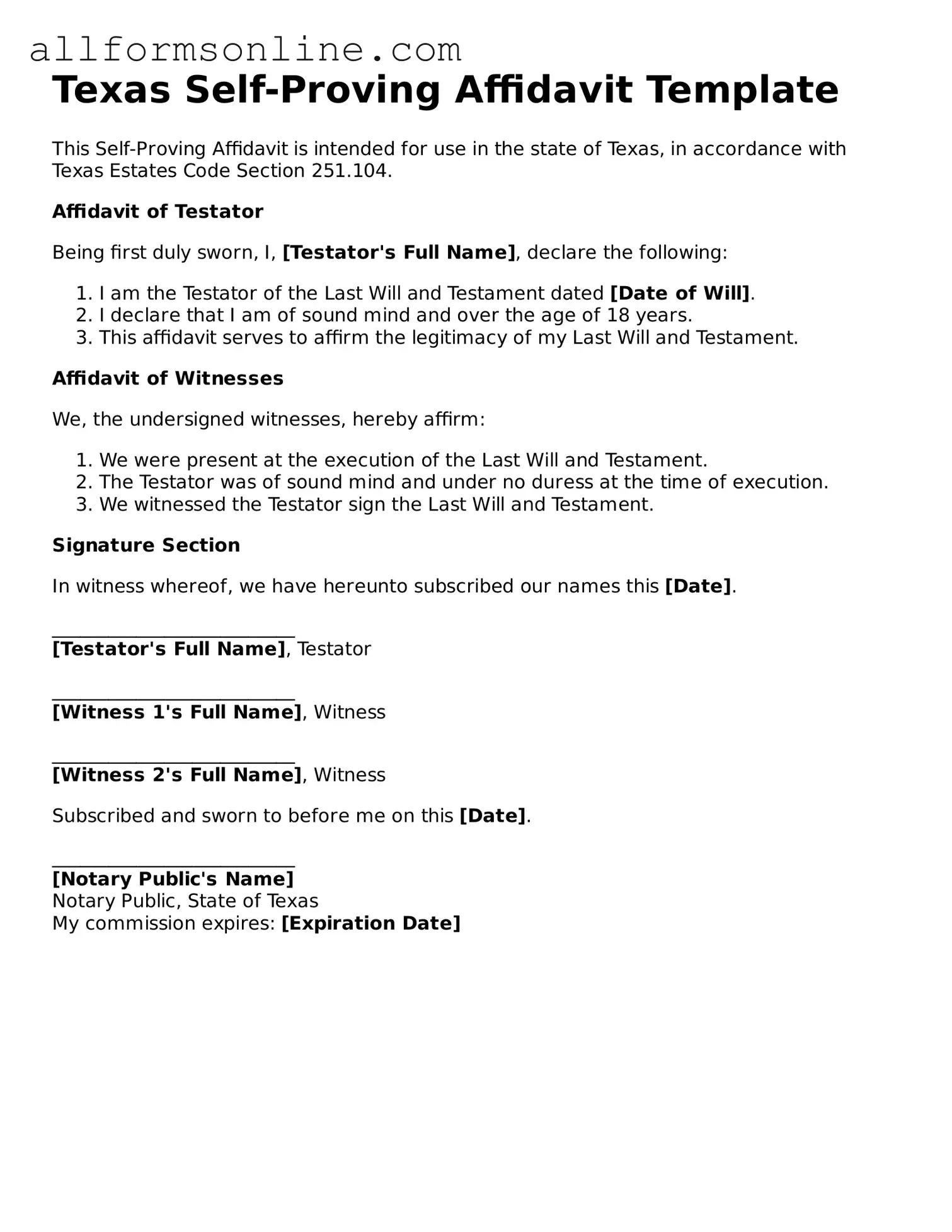 Attorney-Approved  Self-Proving Affidavit Form for Texas