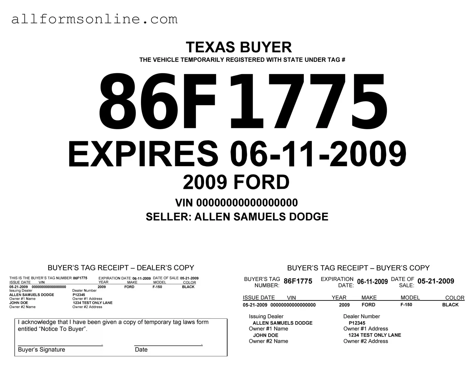 Free Texas Temporary Tag PDF Form