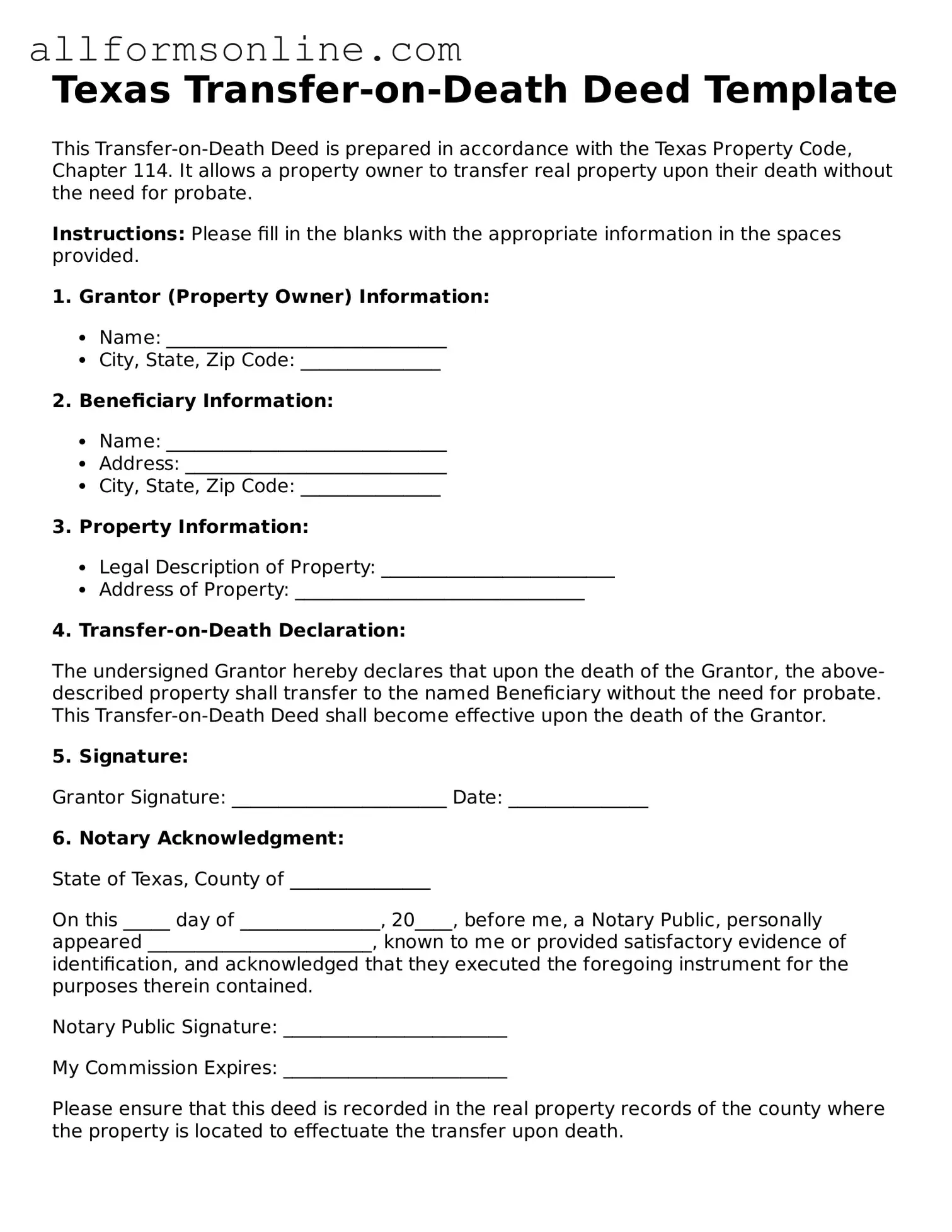 Attorney-Approved  Transfer-on-Death Deed Form for Texas