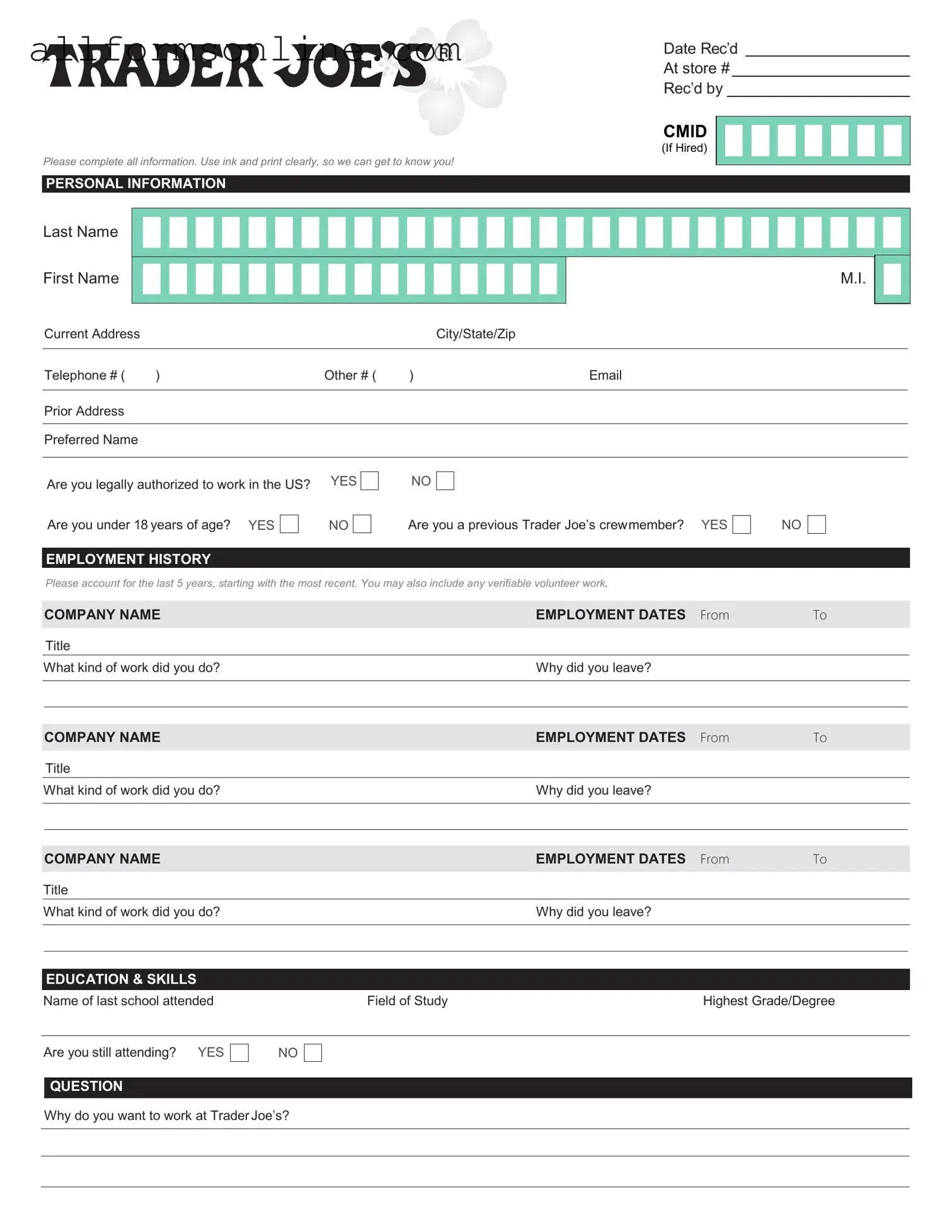 Free Trader Joe's application PDF Form