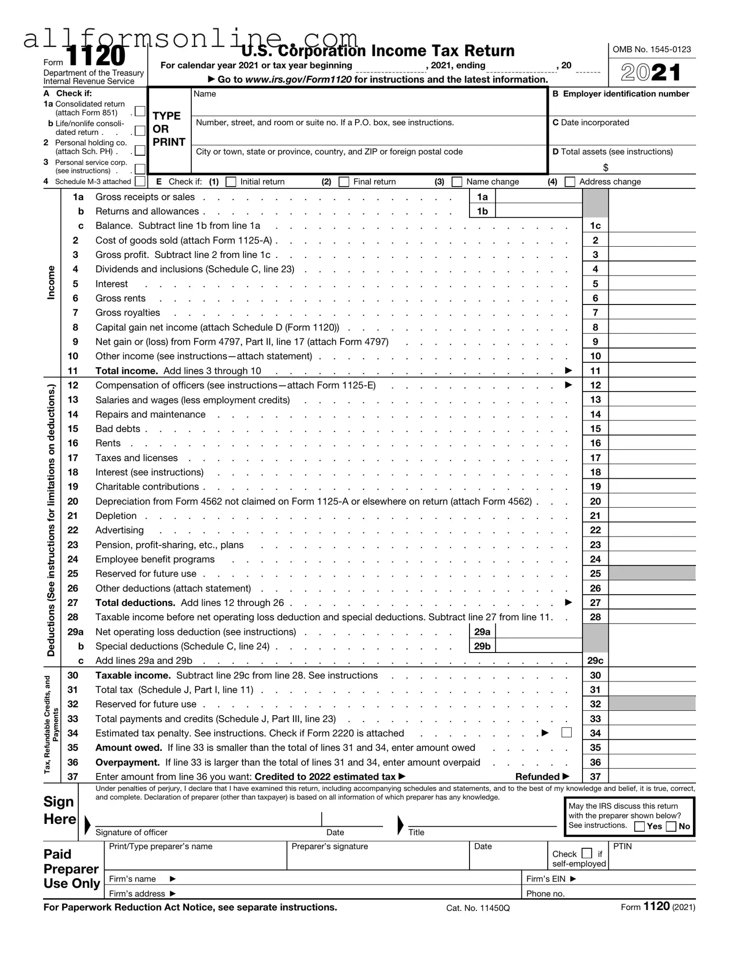 Free IRS 1120 PDF Form