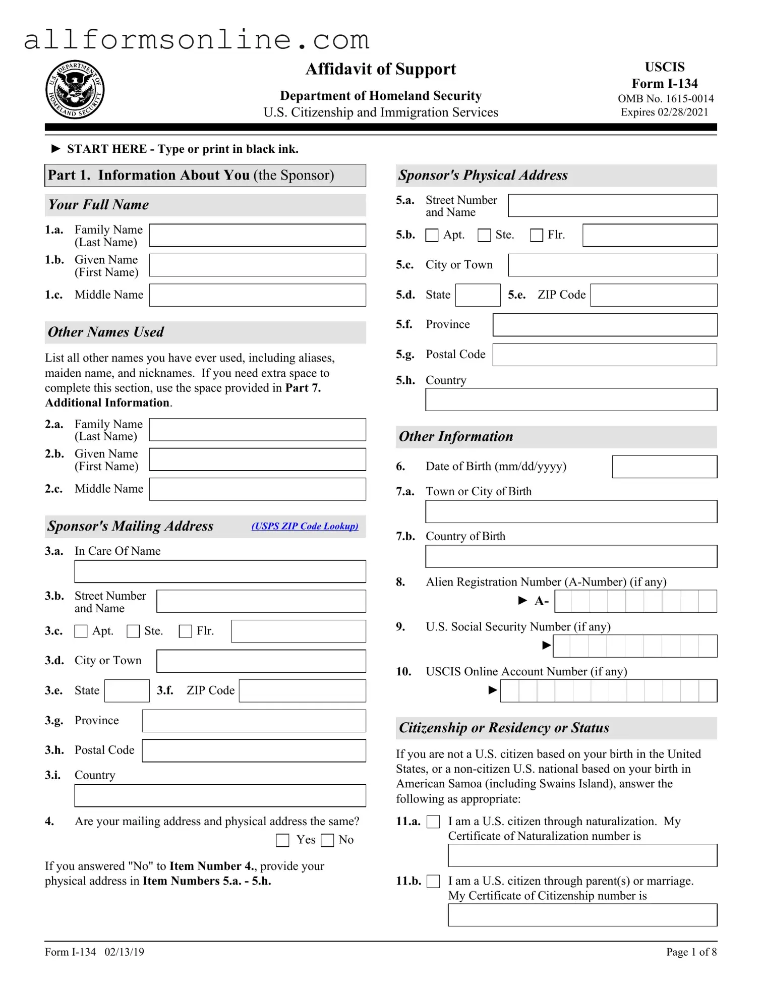 Free USCIS I-134 PDF Form