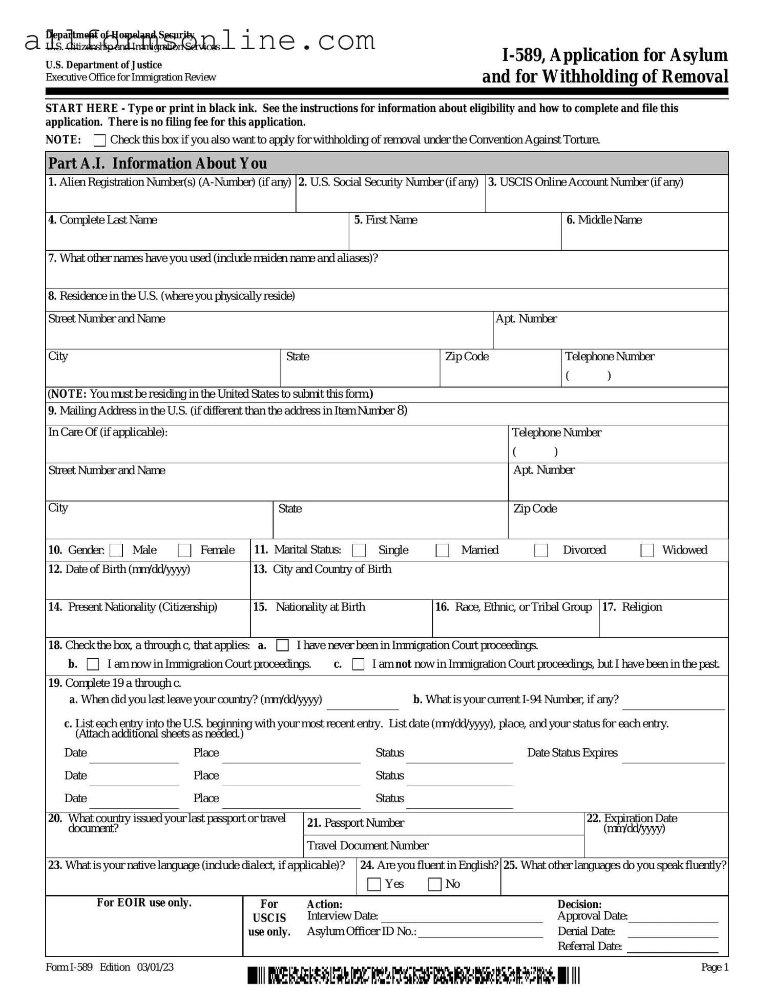 Free USCIS I-589 PDF Form
