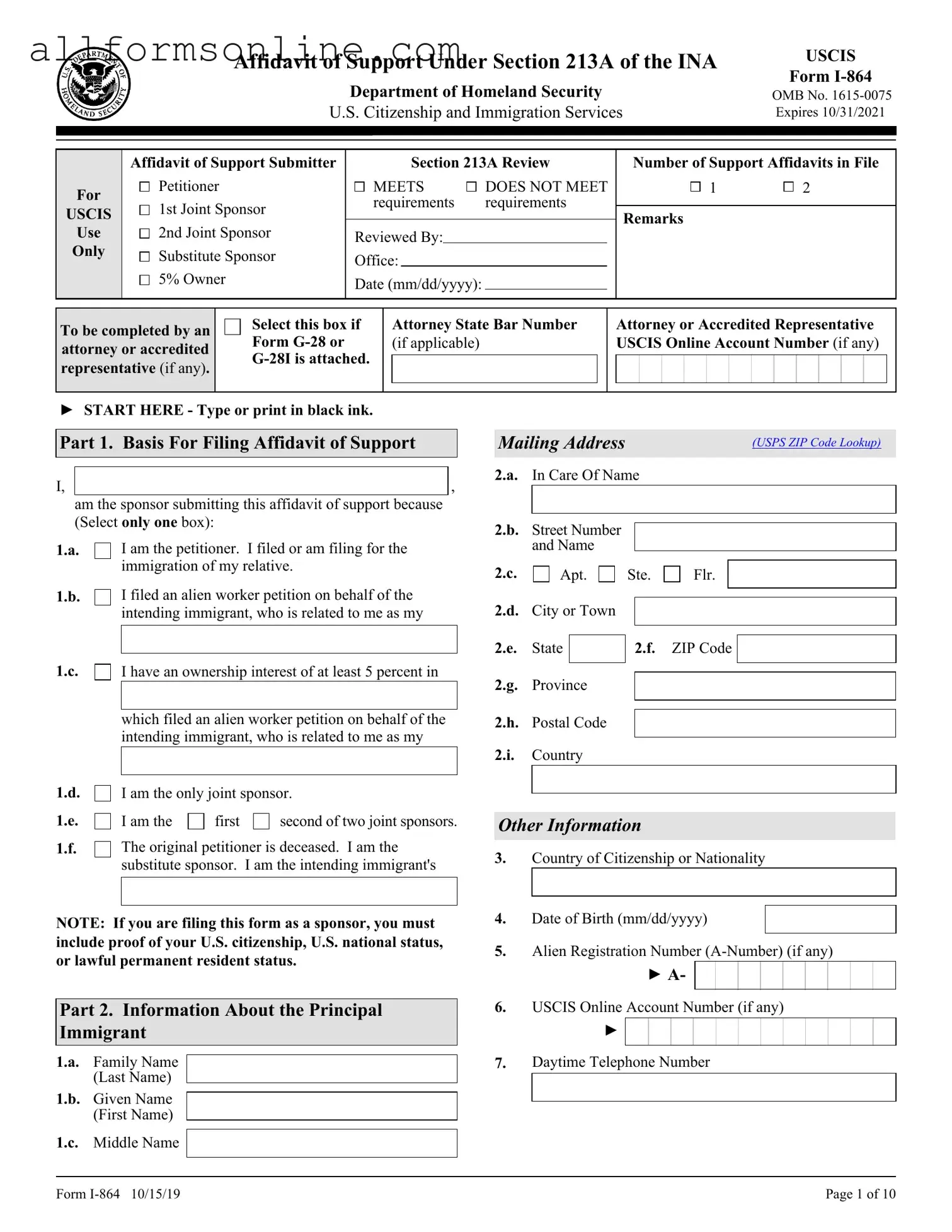 Free USCIS I-864 PDF Form