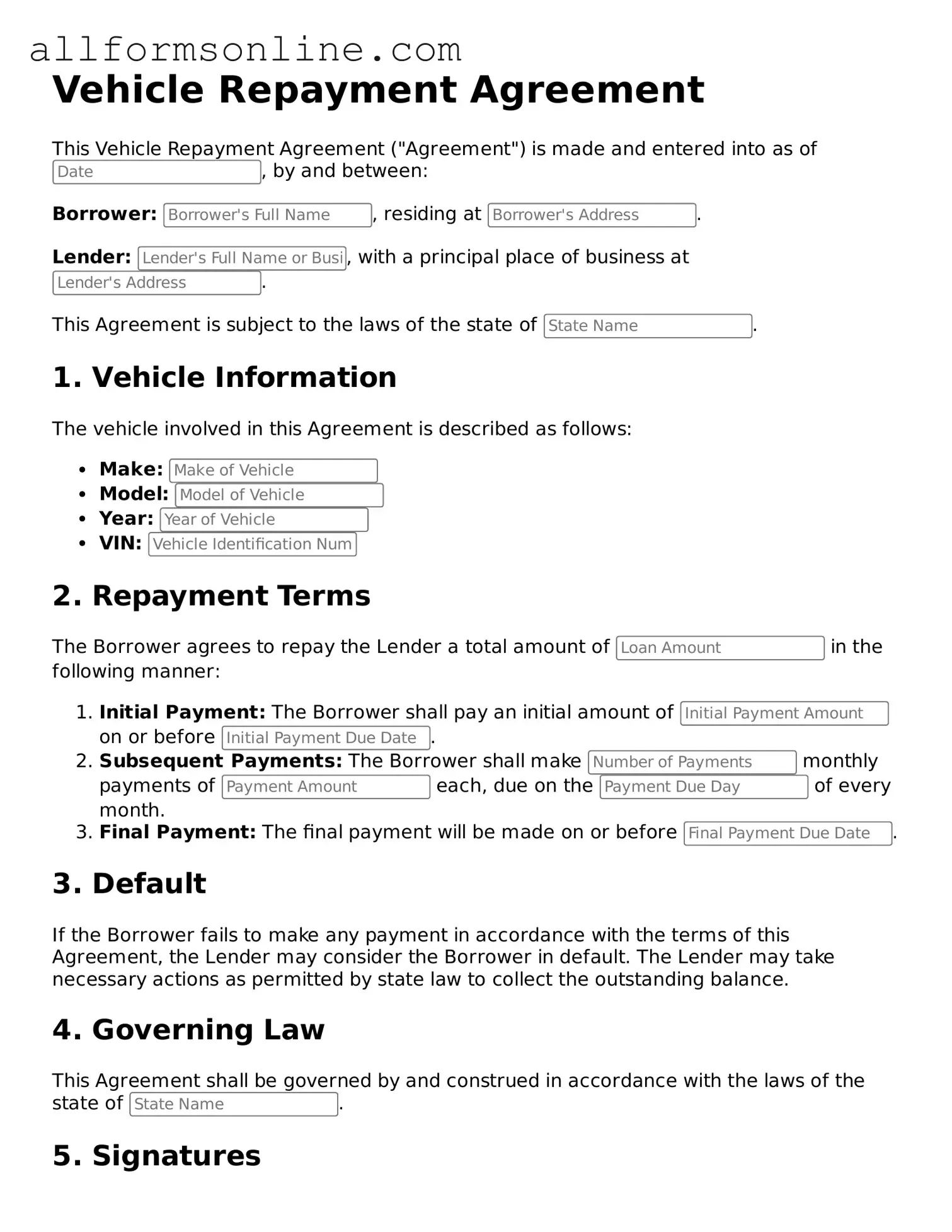 Blank Vehicle Repayment Agreement Form