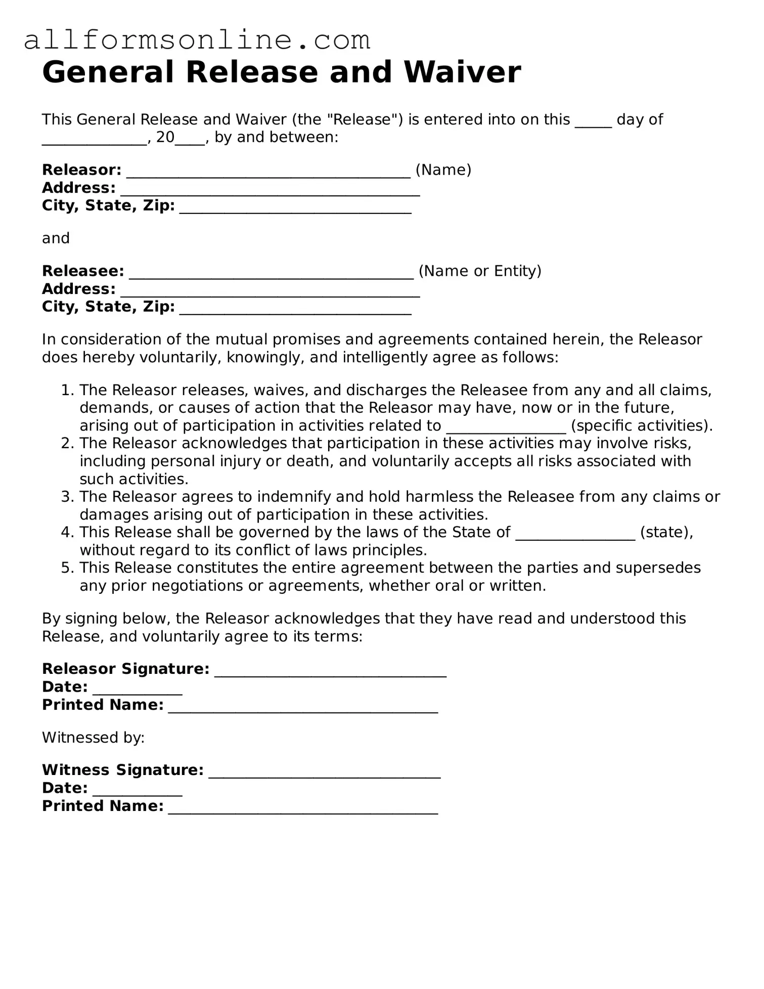 Blank General Release and Waiver Form