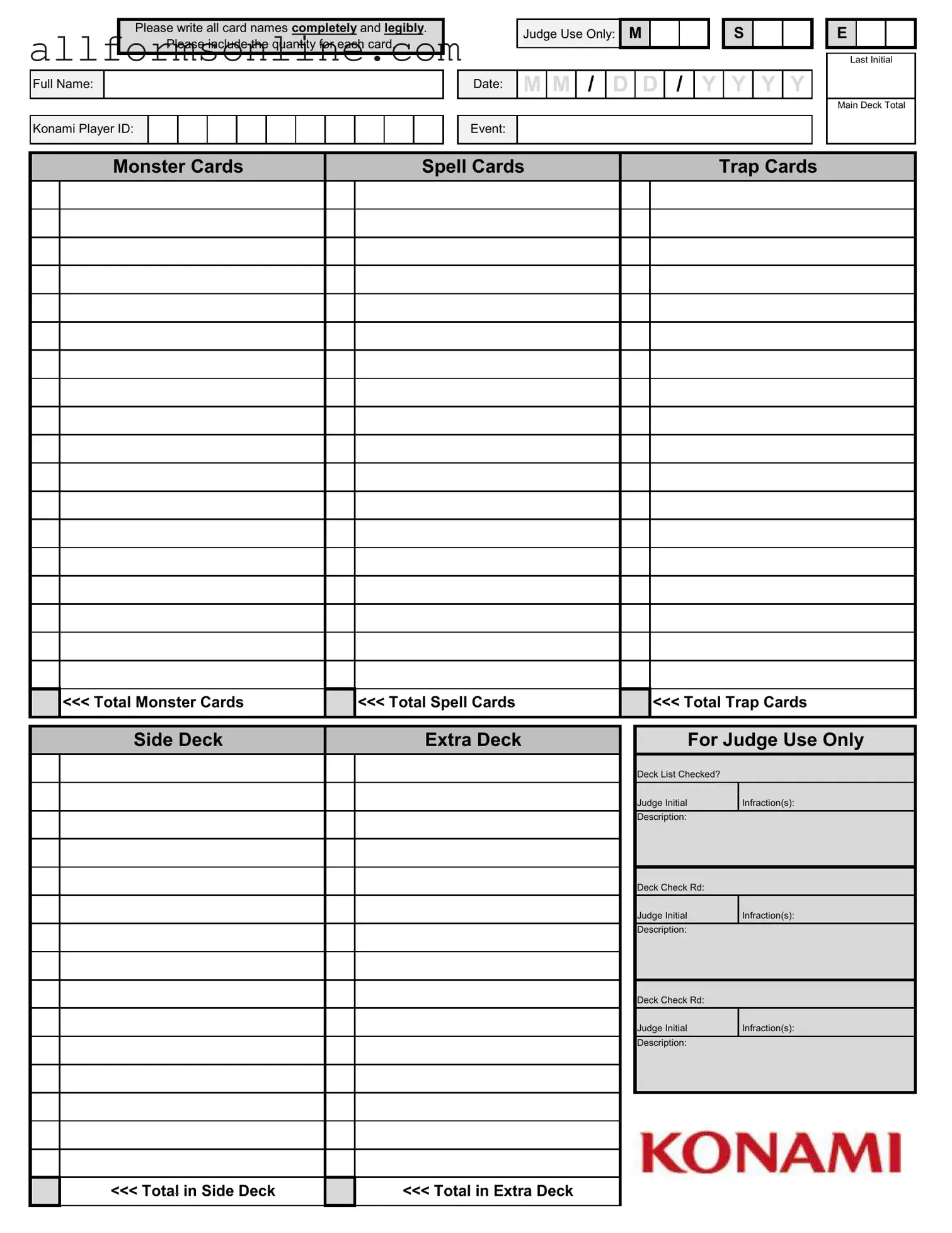 Free Konami Decklist PDF Form